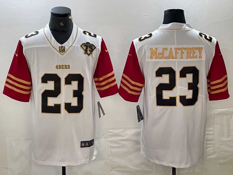 Men%27s San Francisco 49ers #23 Christian McCaffrey White 75th Patch Golden Edition Stitched Nike Limited Jersey Dzhi